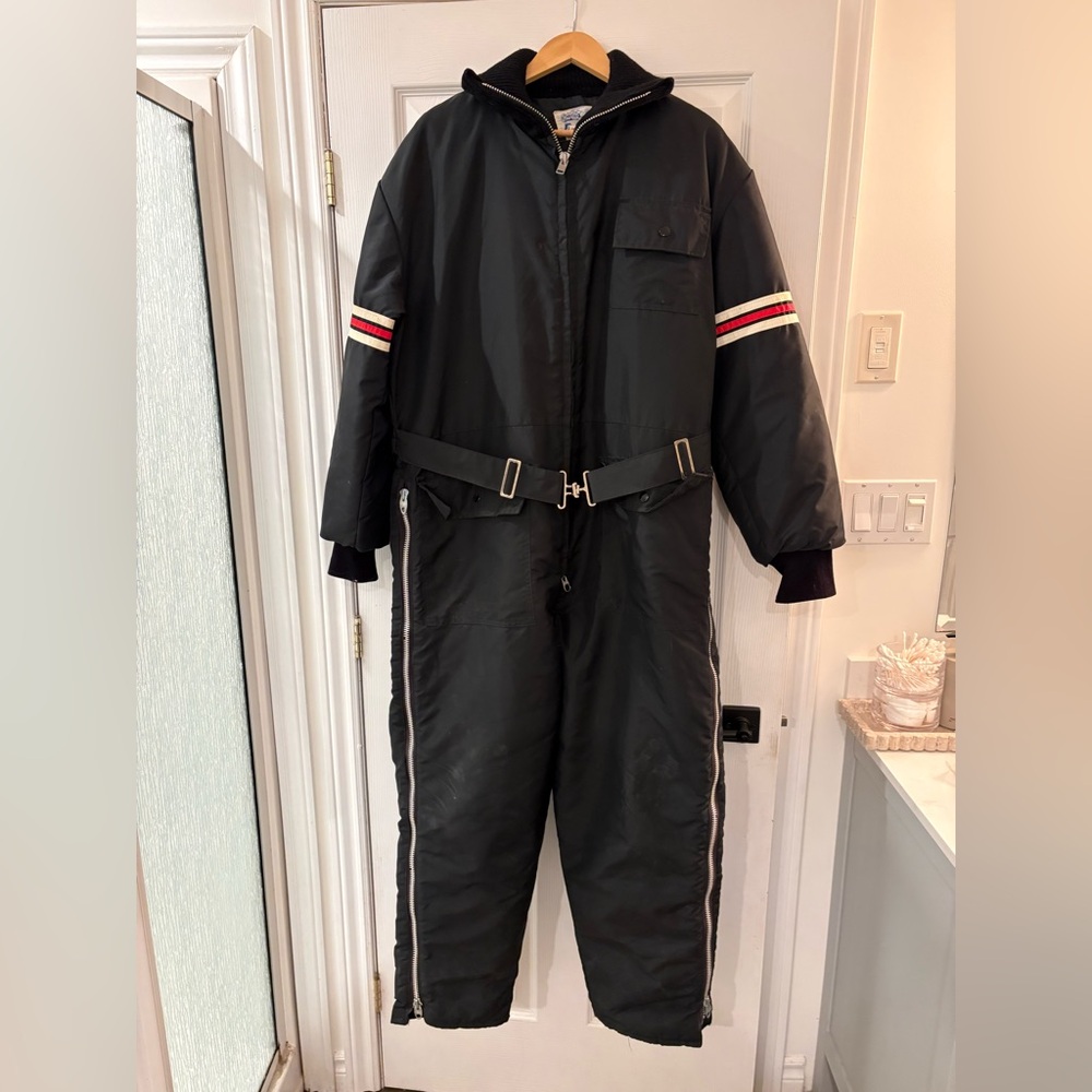 Black Insulated vintage snowsuit with Red and White Stripes